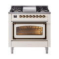 ILVE Nostalgie II Noblesse 36-Inch Natural Gas Dual Fuel Range and Triple Glass Door in Antique White with Burnished Bronze Trim (UN36FNMPAWB)