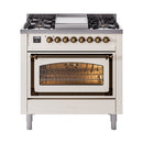 ILVE Nostalgie II Noblesse 36-Inch Natural Gas Dual Fuel Range and Triple Glass Door in Antique White with Bronze Trim (UN36FNMPAWB)