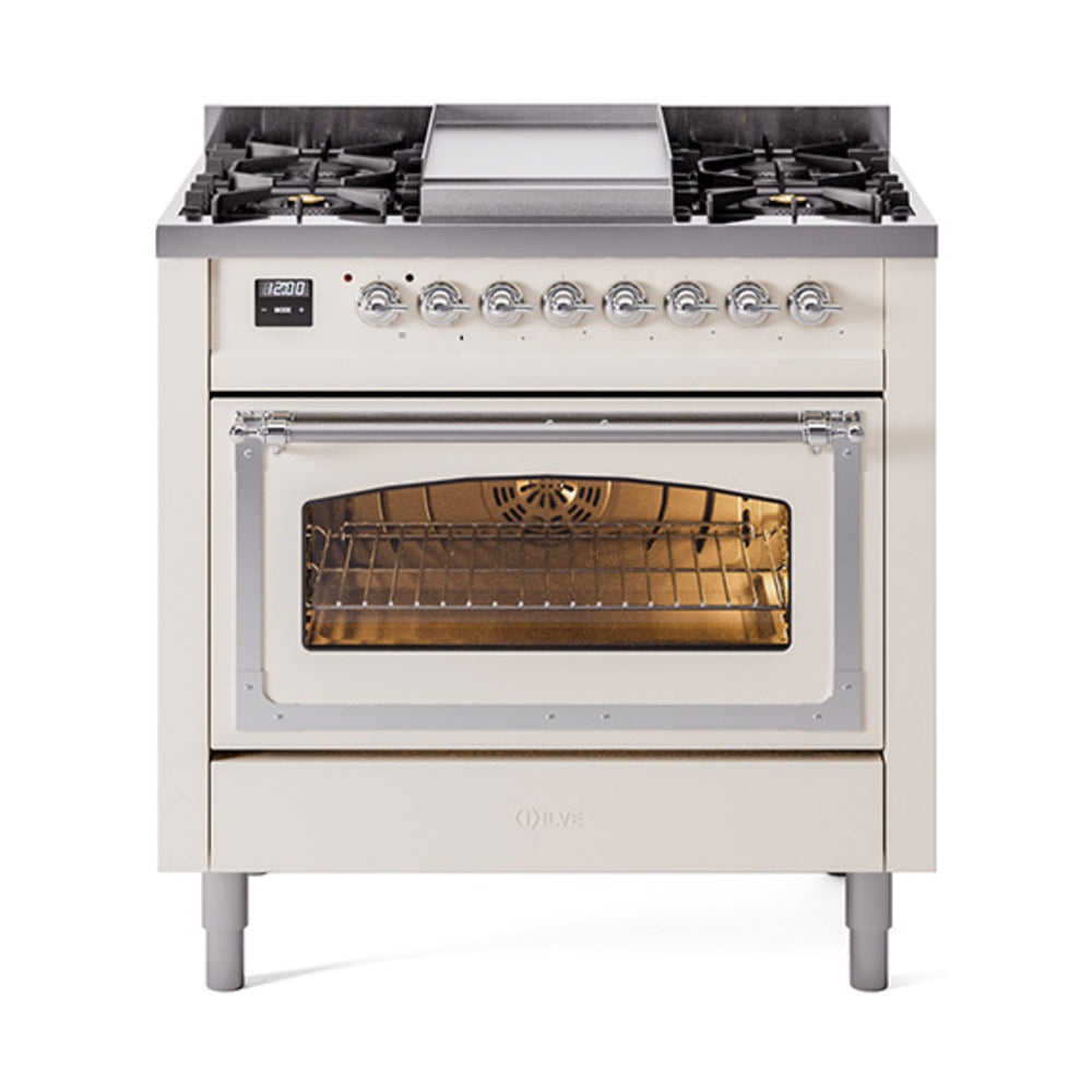 Antique white dual fuel gas range with chrome-trimmed oven window and control knobs