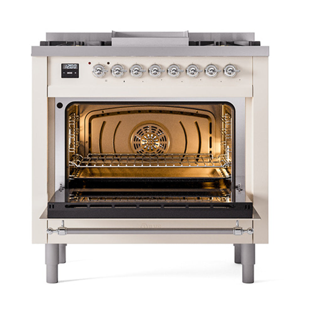 Antique white dual fuel range with open oven door, rack inside, chrome burner grates