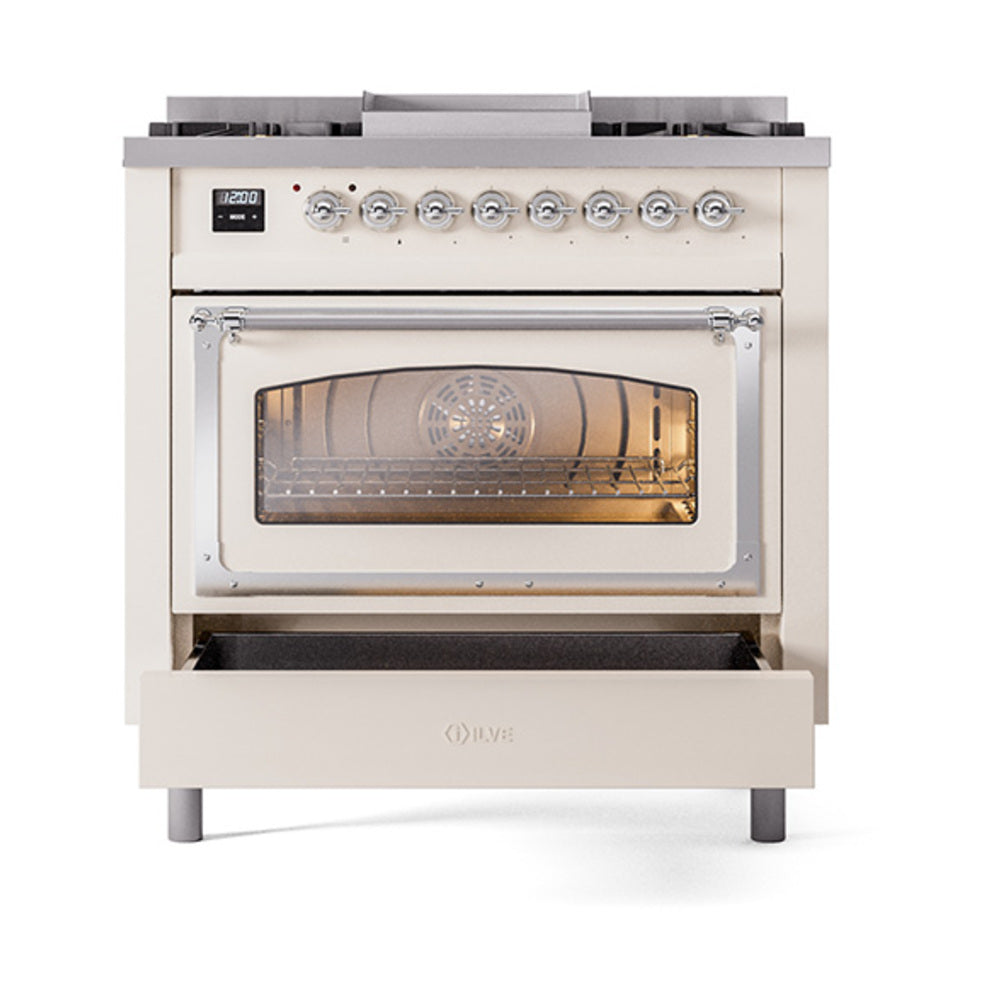 Dual fuel range with closed oven door window and open storage drawer
