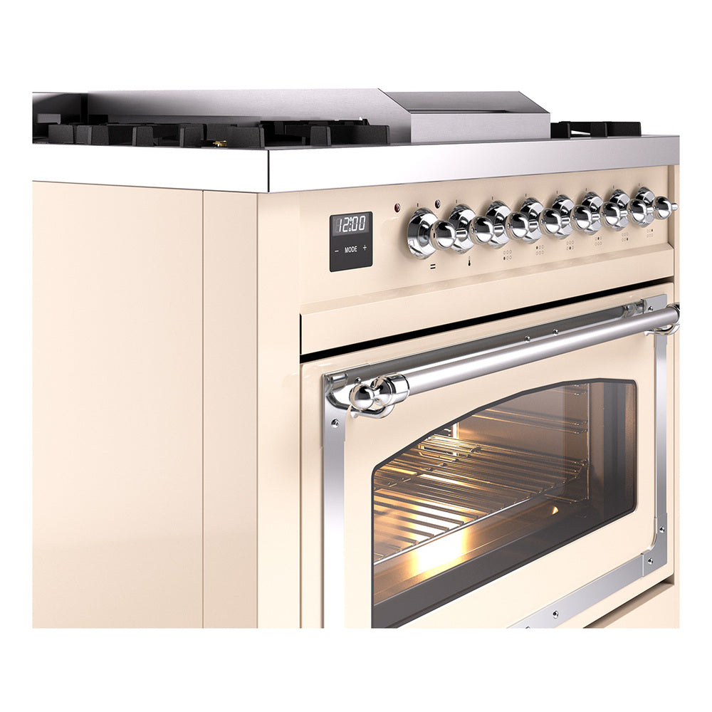 Dual fuel range side view with chrome-trim oven door window and knob controls