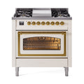 ILVE Nostalgie II Noblesse 36-Inch Natural Gas Dual Fuel Range and Triple Glass Door in Antique White with Brass Trim (UN36FNMPAWG)