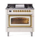 ILVE Nostalgie II Noblesse 36-Inch Natural Gas Dual Fuel Range and Triple Glass Door in Antique White with Brass Trim (UN36FNMPAWG)