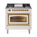 ILVE Nostalgie II Noblesse 36-Inch Propane Gas Dual Fuel Range and Triple Glass Door in Antique White with Brass Trim (UN36FNMPAWGLP)