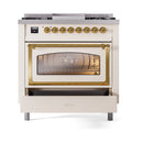 ILVE Nostalgie II Noblesse 36-Inch Propane Gas Dual Fuel Range and Triple Glass Door in Antique White with Brass Trim (UN36FNMPAWGLP)