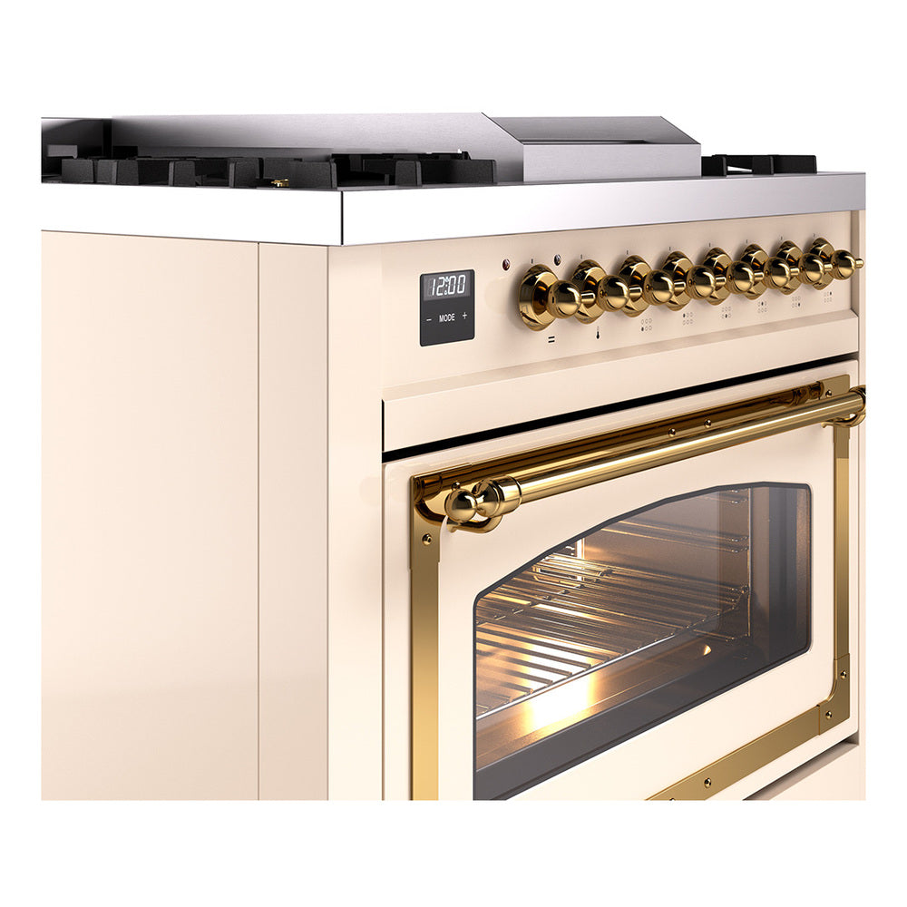 Dual fuel range side-front view with brass oven handle and closed glass oven door