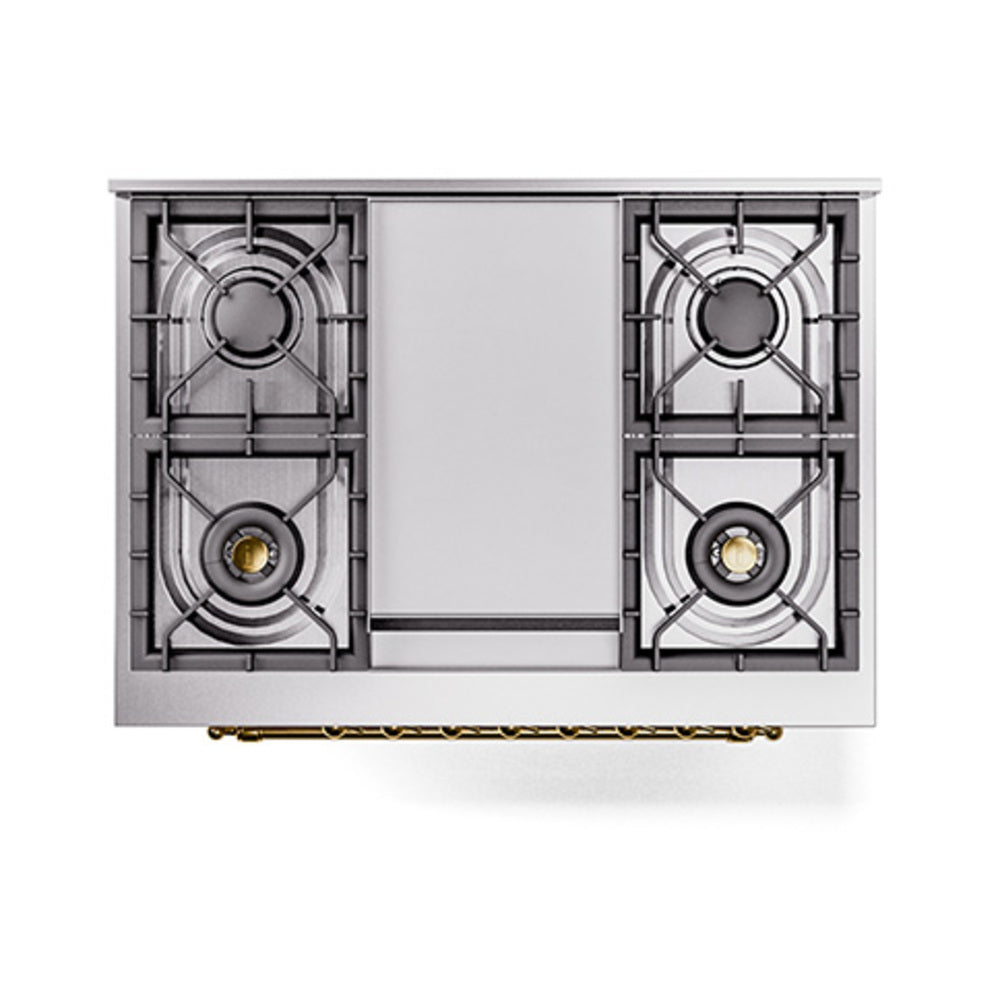 Dual fuel range cooktop burner layout with two left and two right grates