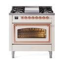 ILVE Nostalgie II Noblesse 36-Inch Natural Gas Dual Fuel Range and Triple Glass Door in Antique White with Copper Trim (UN36FNMPAWP)