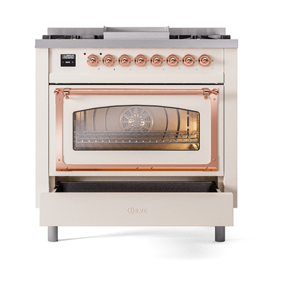 Antique white oven door with copper frame, burner controls on top, and lit interior