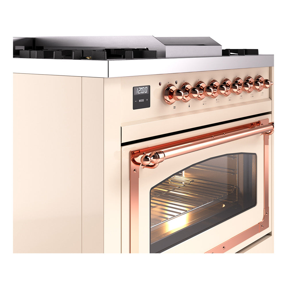 ILVE dual fuel range control panel with copper knobs and oven window, antique white