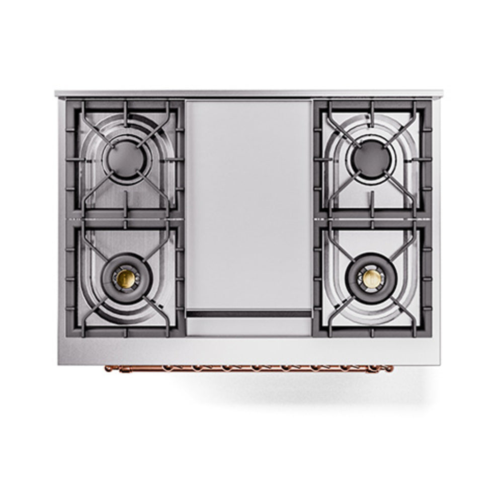 ILVE dual fuel range cooktop with four gas burners and antique white front