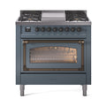 ILVE Nostalgie II Noblesse 36-Inch Natural Gas Dual Fuel Range and Triple Glass Door in Blue Grey with Burnished Bronze Trim (UN36FNMPBGB)