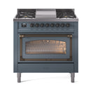 ILVE Nostalgie II Noblesse 36-Inch Natural Gas Dual Fuel Range and Triple Glass Door in Blue Grey with Bronze Trim (UN36FNMPBGB)