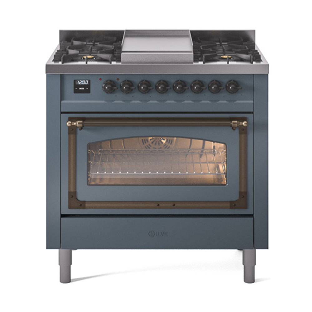 Blue grey dual-fuel gas range with bronze trim, burners and glass oven door