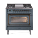 ILVE Nostalgie II Noblesse 36-Inch Propane Gas Dual Fuel Range and Triple Glass Door in Blue Grey with Bronze Trim (UN36FNMPBGBLP)