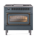 ILVE Nostalgie II Noblesse 36-Inch Natural Gas Dual Fuel Range and Triple Glass Door in Blue Grey with Bronze Trim (UN36FNMPBGB)
