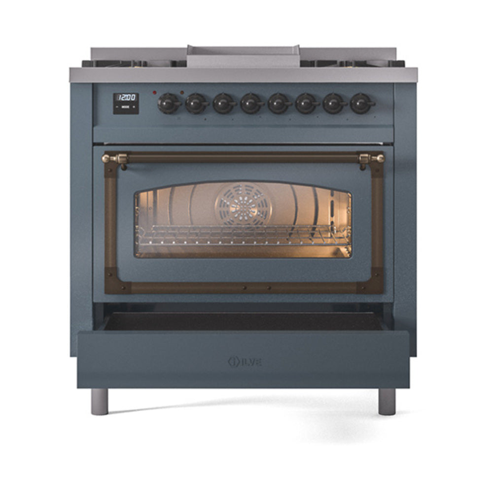 Front view of blue grey dual-fuel range with control knobs and glass oven door