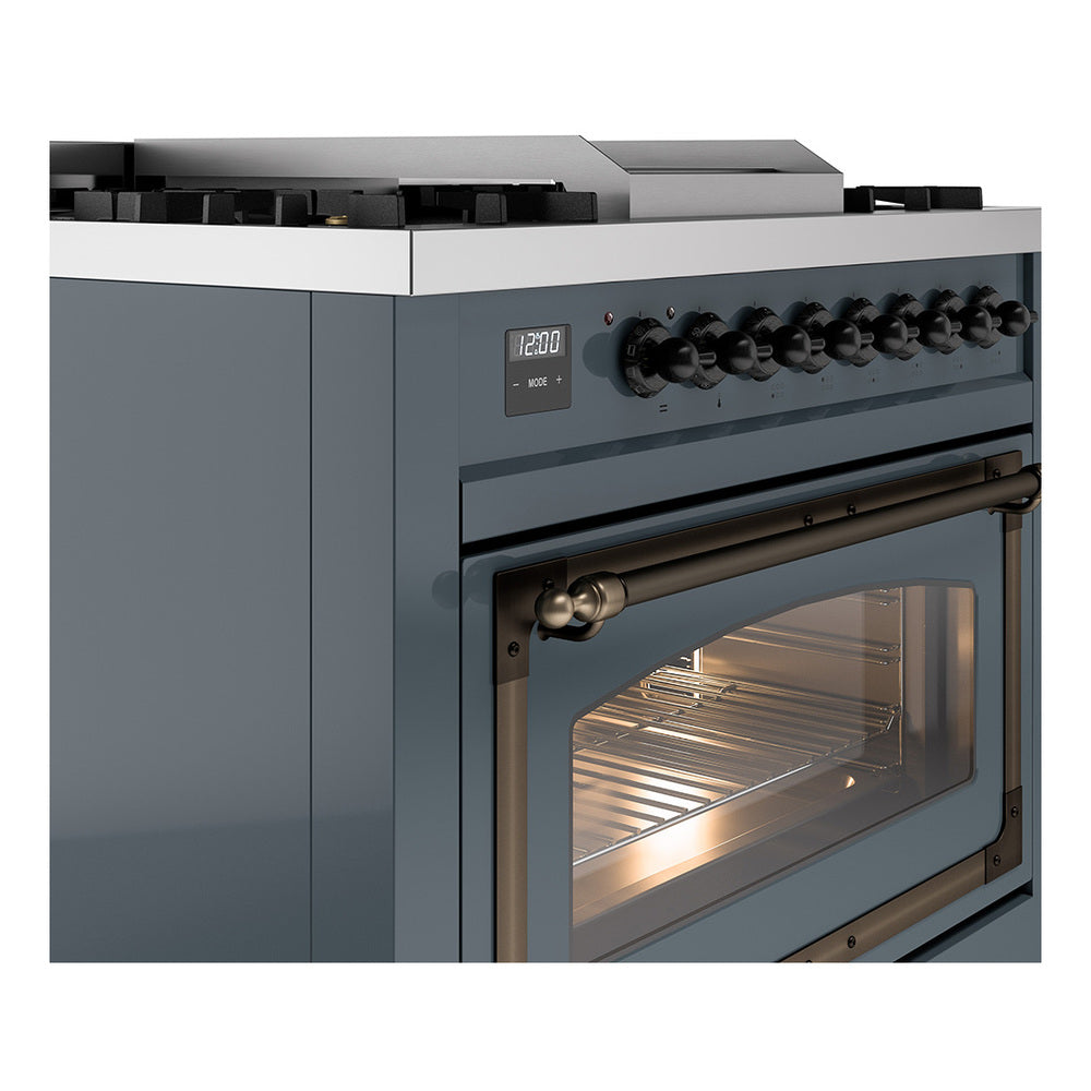 Blue grey control panel and oven front, dual fuel range with burner knobs and handle.