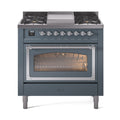 ILVE Nostalgie II Noblesse 36-Inch Natural Gas Dual Fuel Range and Triple Glass Door in Blue Grey with Chrome Trim (UN36FNMPBGC)