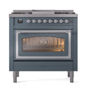 ILVE Nostalgie II Noblesse 36-Inch Natural Gas Dual Fuel Range and Triple Glass Door in Blue Grey with Chrome Trim (UN36FNMPBGC)