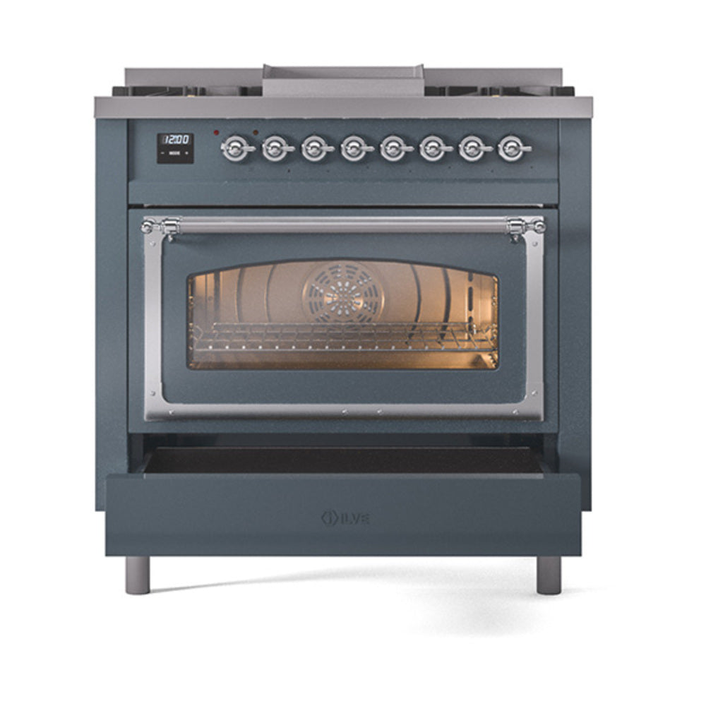 Blue grey dual-fuel range oven with closed glass door and chrome control knobs