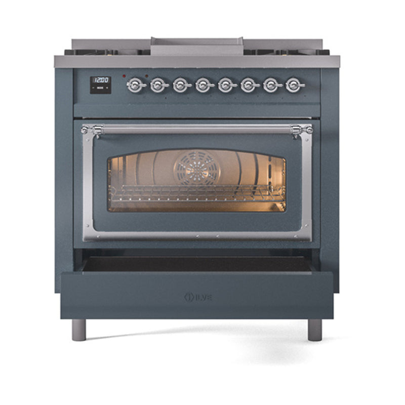 ILVE Nostalgie II Noblesse 36-Inch Dual Fuel Range and Triple Glass Door in Blue Grey with Chrome Trim (UN36FNMPBGC)