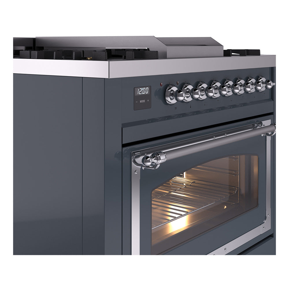 Blue grey dual-fuel gas range with stainless trim and oven door handle