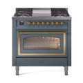 ILVE Nostalgie II Noblesse 36-Inch Natural Gas Dual Fuel Range and Triple Glass Door in Blue Grey with Brass Trim (UN36FNMPBGG)