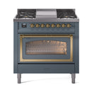 ILVE Nostalgie II Noblesse 36-Inch Natural Gas Dual Fuel Range and Triple Glass Door in Blue Grey with Brass Trim (UN36FNMPBGG)