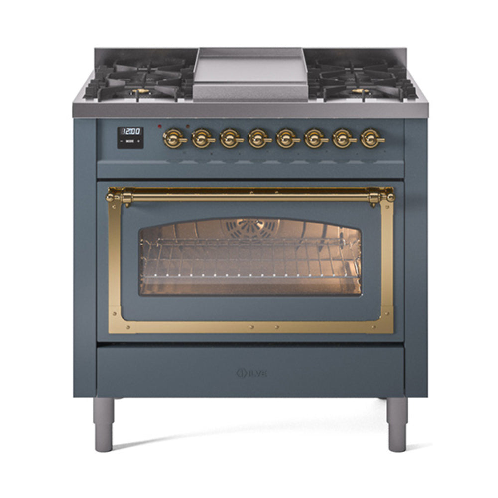 Blue-grey dual fuel gas range with open oven door, brass trim, and six round control knobs