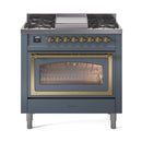 ILVE Nostalgie II Noblesse 36-Inch Propane Gas Dual Fuel Range and Triple Glass Door in Blue Grey with Brass Trim (UN36FNMPBGGLP)