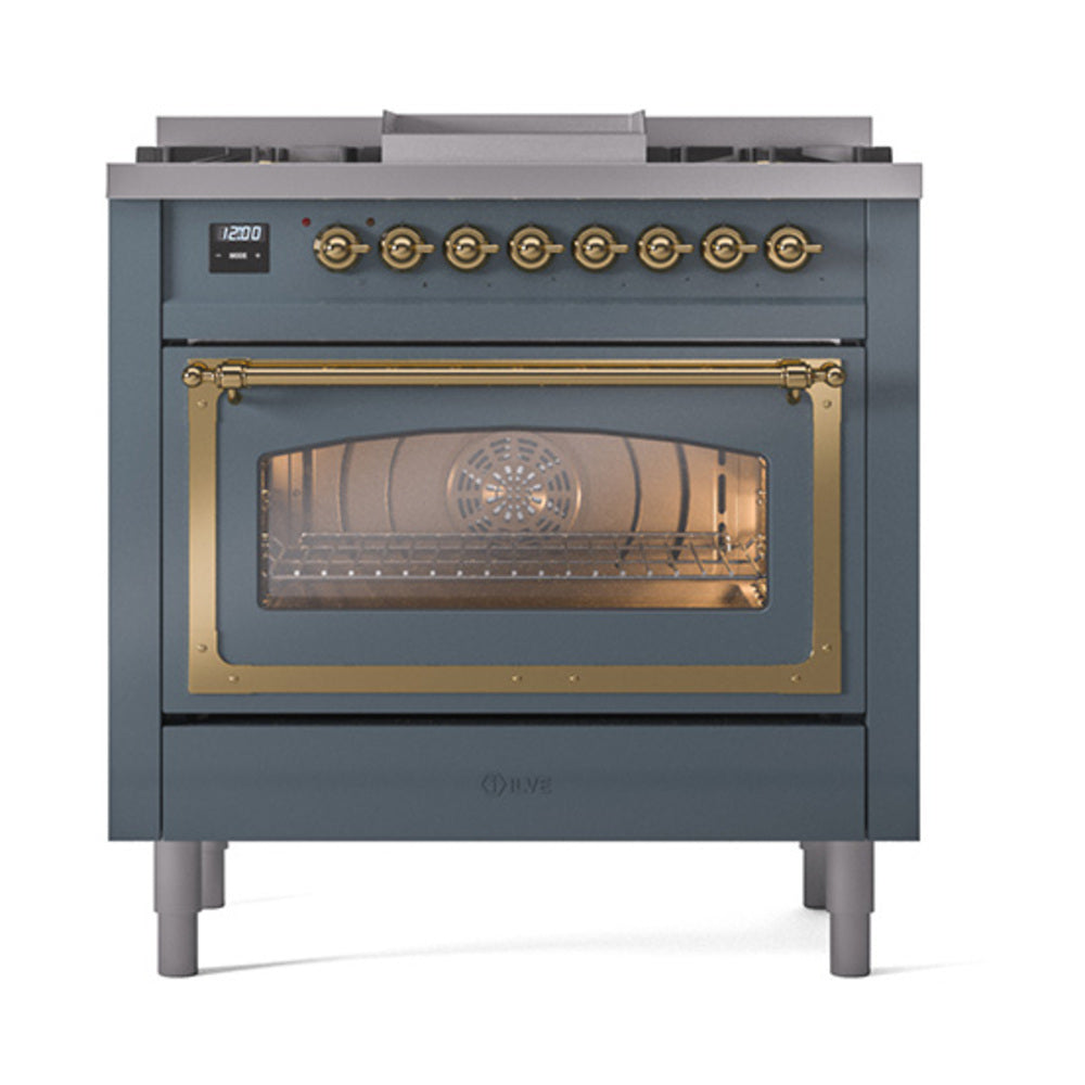 Blue-grey dual fuel gas range with oven door closed, brass trim, and row of round burners
