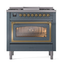 ILVE Nostalgie II Noblesse 36-Inch Propane Gas Dual Fuel Range and Triple Glass Door in Blue Grey with Brass Trim (UN36FNMPBGGLP)