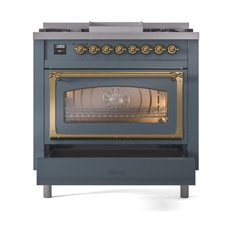 Blue-grey dual fuel gas range with closed oven door, brass trim, and front control panel