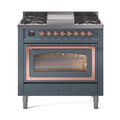 ILVE Nostalgie II Noblesse 36-Inch Natural Gas Dual Fuel Range and Triple Glass Door in Blue Grey with Copper Trim (UN36FNMPBGP)