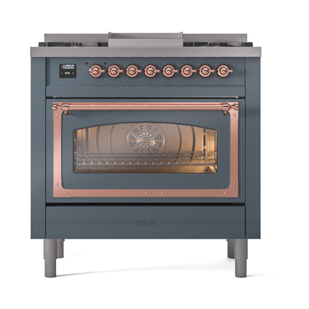Blue grey dual-fuel gas range with copper-trim control panel and lit oven window