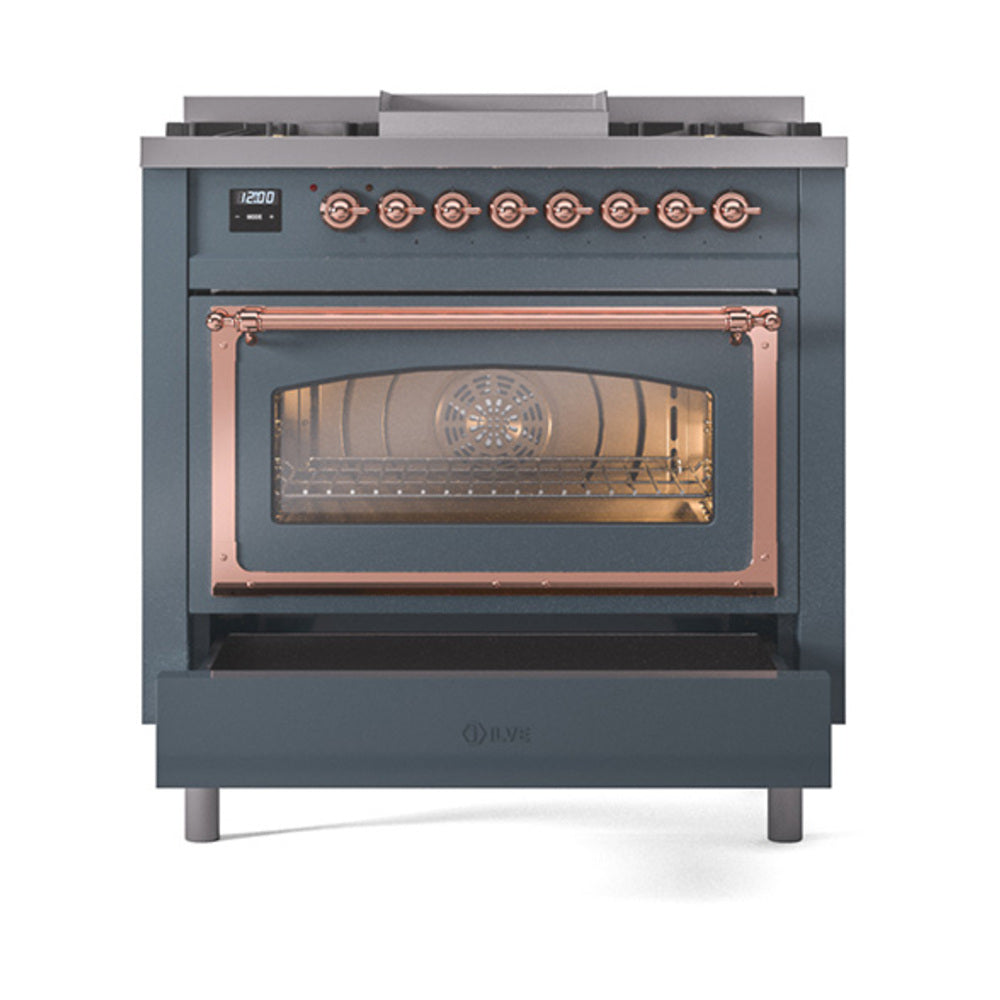 Blue grey dual-fuel gas range front view with copper-trim oven door and control knobs