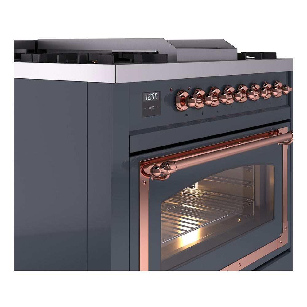 Blue grey dual-fuel gas range side view with copper-trim oven frame and control knobs