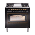 ILVE Nostalgie II Noblesse 36-Inch Natural Gas Dual Fuel Range and Triple Glass Door in Glossy Black with Burnished Bronze Trim (UN36FNMPBKB)
