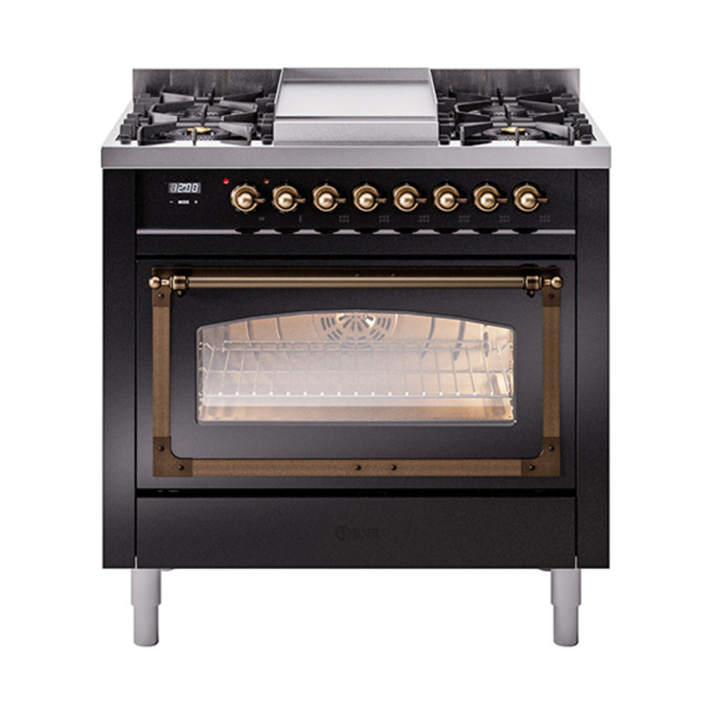Glossy black dual-fuel gas range with bronze-trim oven door and burner control knobs