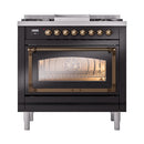 ILVE Nostalgie II Noblesse 36-Inch Propane Gas Dual Fuel Range and Triple Glass Door in Glossy Black with Bronze Trim (UN36FNMPBKBLP)