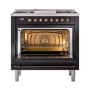 ILVE Nostalgie II Noblesse 36-Inch Propane Gas Dual Fuel Range and Triple Glass Door in Glossy Black with Bronze Trim (UN36FNMPBKBLP)