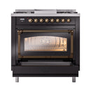 ILVE Nostalgie II Noblesse 36-Inch Natural Gas Dual Fuel Range and Triple Glass Door in Glossy Black with Bronze Trim (UN36FNMPBKB)