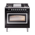 ILVE Nostalgie II Noblesse 36-Inch Natural Gas Dual Fuel Range and Triple Glass Door in Glossy Black with Chrome Trim (UN36FNMPBKC)