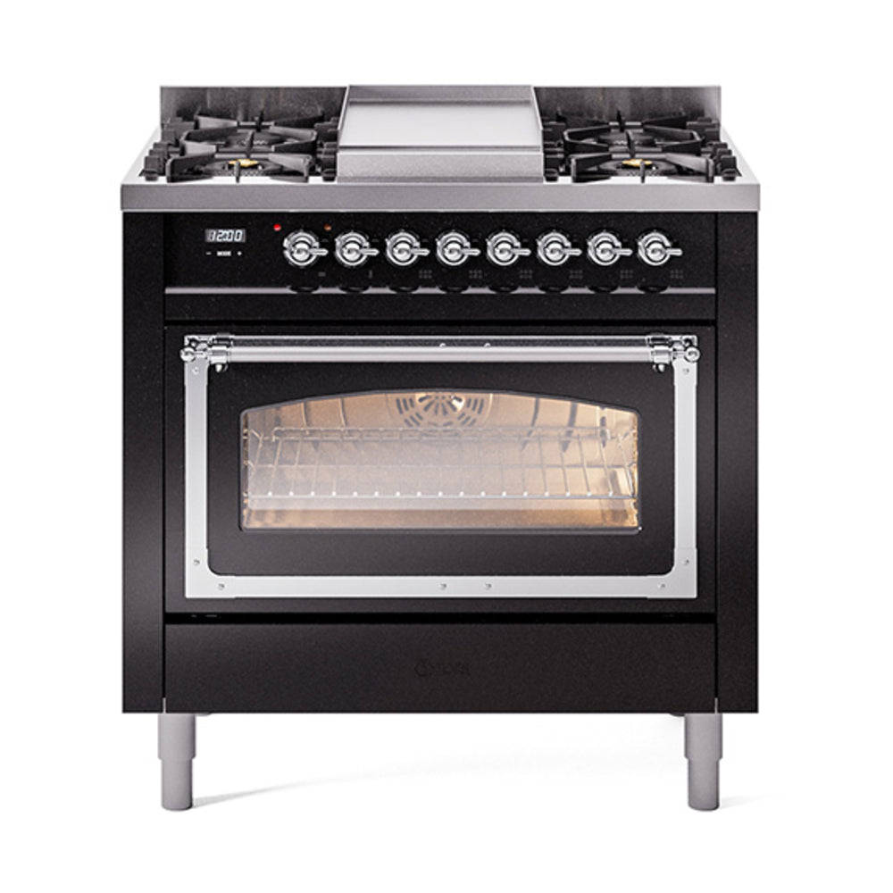 Glossy black dual fuel range with open viewing oven door, chrome trim and control knobs