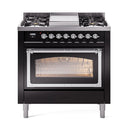 ILVE Nostalgie II Noblesse 36-Inch Propane Gas Dual Fuel Range and Triple Glass Door in Glossy Black with Chrome Trim (UN36FNMPBKCLP)