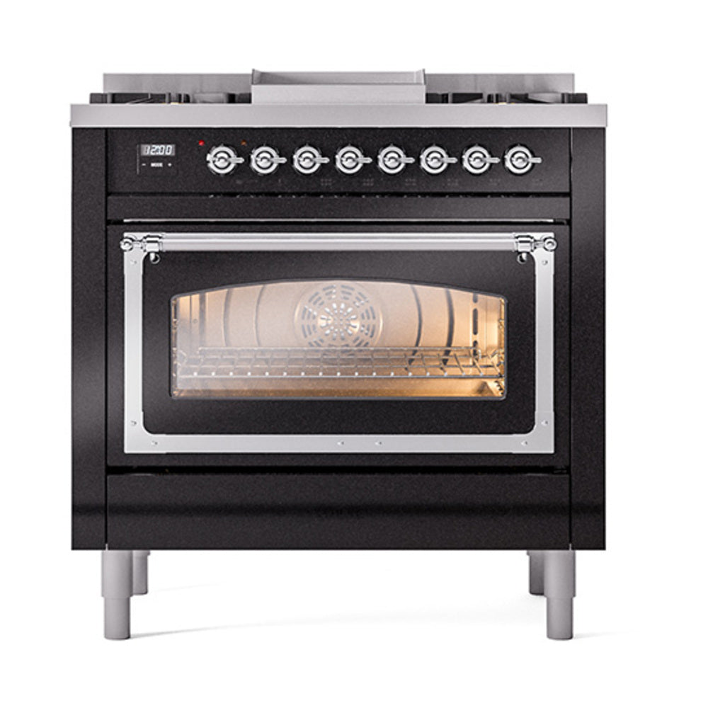 Glossy black dual fuel range with oven door open and illuminated interior, chrome trim
