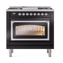ILVE Nostalgie II Noblesse 36-Inch Propane Gas Dual Fuel Range and Triple Glass Door in Glossy Black with Chrome Trim (UN36FNMPBKCLP)
