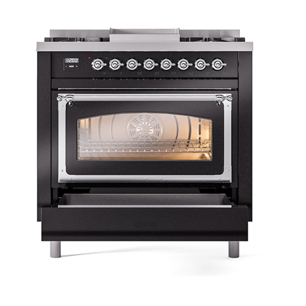 Glossy black dual fuel range with oven door open, illuminated glass window and controls